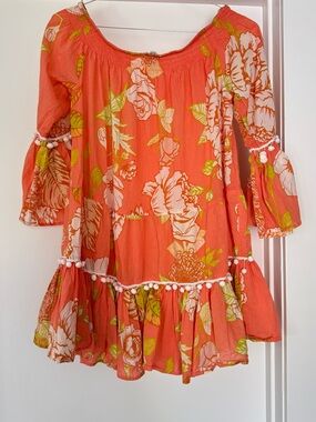 Coral Floral Off-Shoulder coverup with Pom Pom Trim